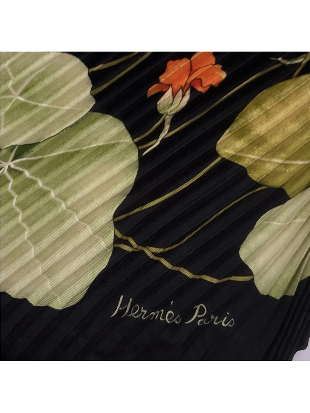 Hermes Plisse Les Capucines Black Scarf with Green Leaf & Orange Floral Print